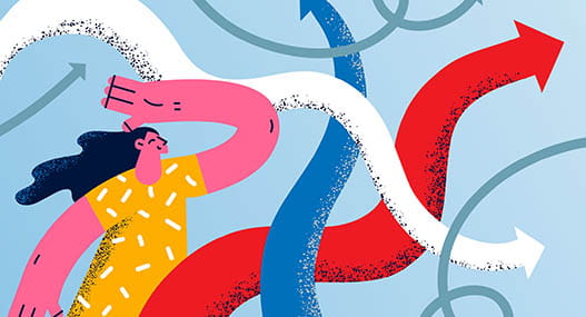 Young smiling woman cartoon character standing looking at colourful arrows going to various directions trying to choose one vector illustration